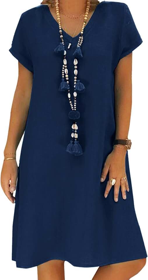 Tincini Sommerkleid Damen Leinen Kleider Casual V-Ausschnitt Midikleid Kurzarm A-Linie Kleid Strandkleid Ohne Zubehör
