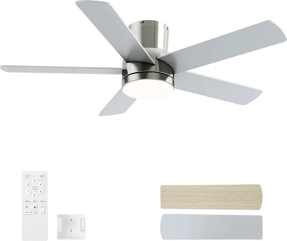 42 Inch Brushed Nickel Flush Mount Ceiling Fan with Light and Remote