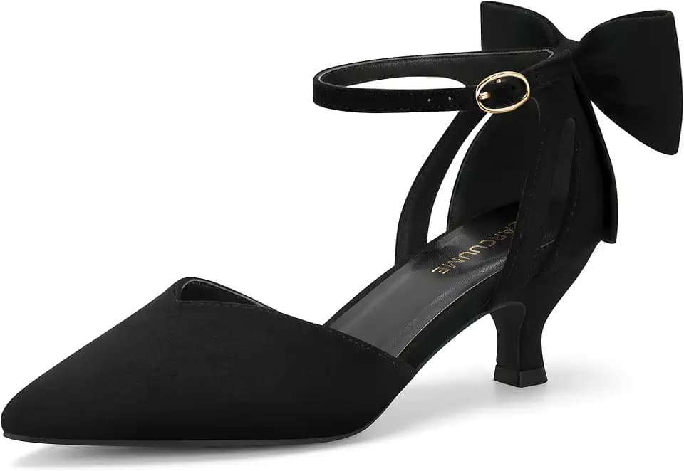 Carcuume Women's Kitten Heels with Bow Closed Toe Sandals Ankle Strap Wedding Pump Shoes