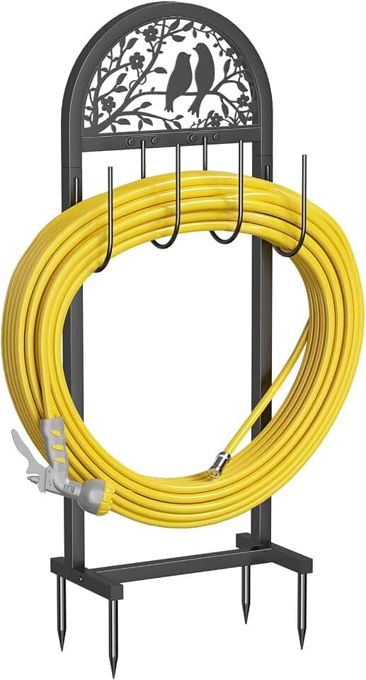 YQSLYSF Garden Hose Holder, Water Hose Stand with 4 Stake, Heavy Duty Metal Hose Hanger Holds 150Ft, Freestanding Hose Storage Rack for Outside,Yard & Lawn Garden(Gold)