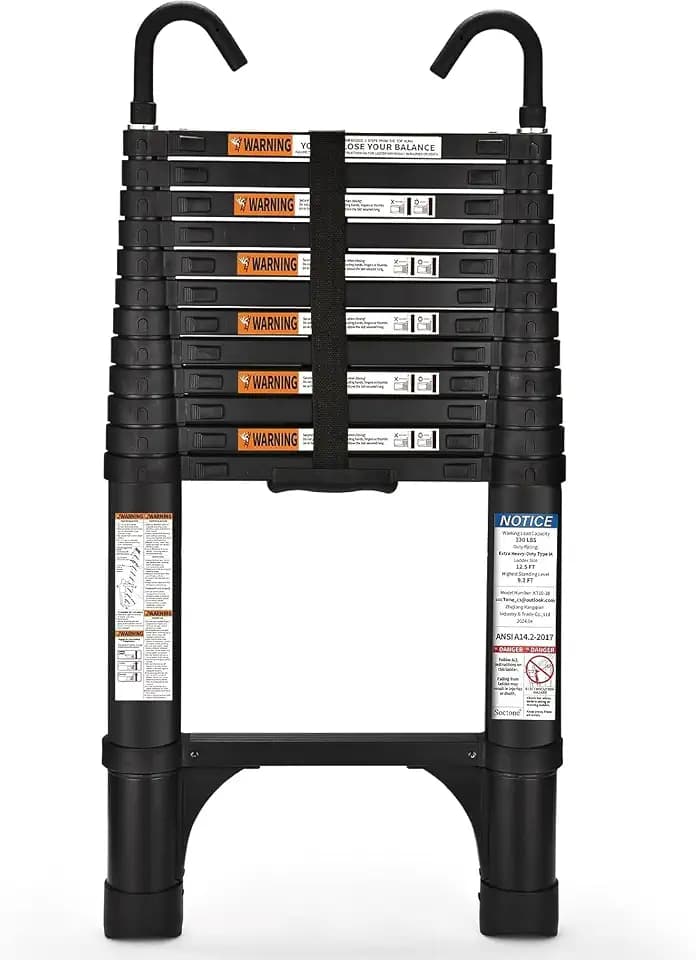 Soctone 12.5FT Telescoping Ladder, Stabilizers & Hooks, Extension Ladder