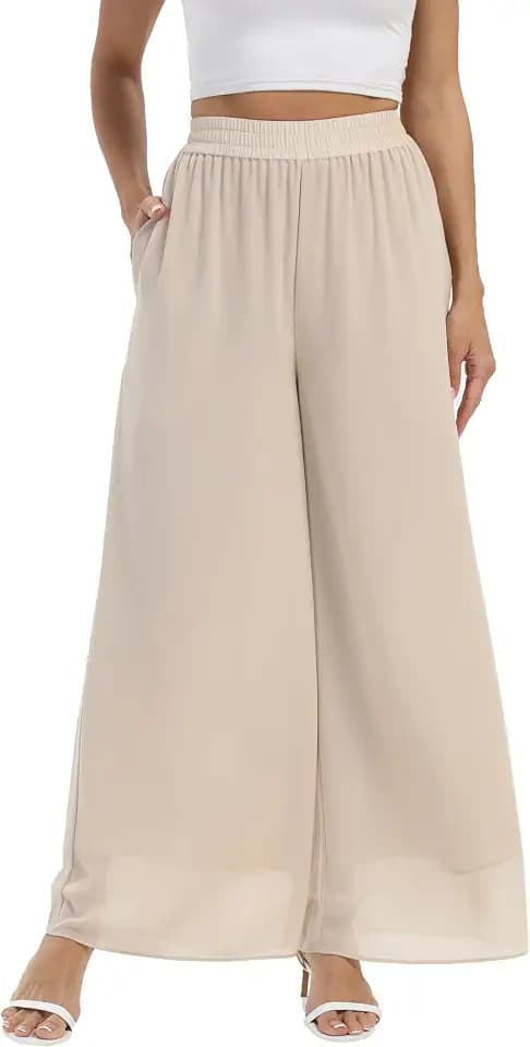 Fakanhui Women's Chiffon Wide Leg Palazzo Pants High Elastic Waist Casual Flowy Business Trousers