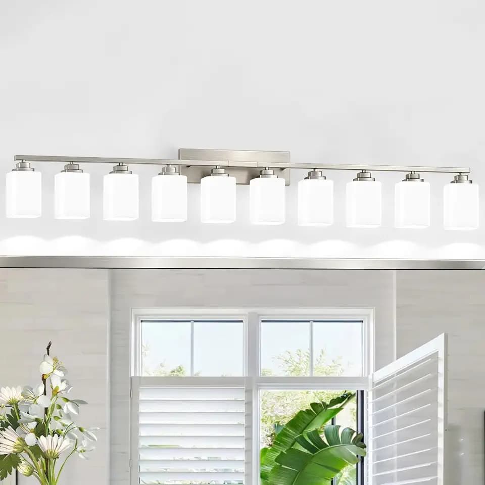Brushed Nickel Bathroom Light Fixtures, 10-Light Vanity Lights over mirror