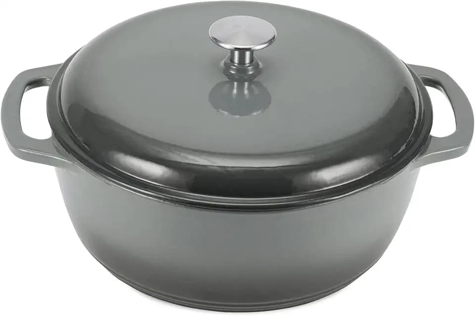 Amazon Basics Schmortopf Rund aus Emailliertem Gusseisen mit Deckel, 6,9 L, Grau