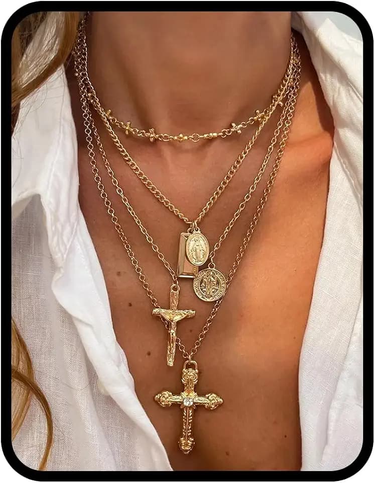 Layered Cross Necklace Set for Women Men – Multi Chain Gold Silver Cross Pendant Jewelry with Rhinestone Accents, Vintage Punk Gothic Style Jewelry Gifts
