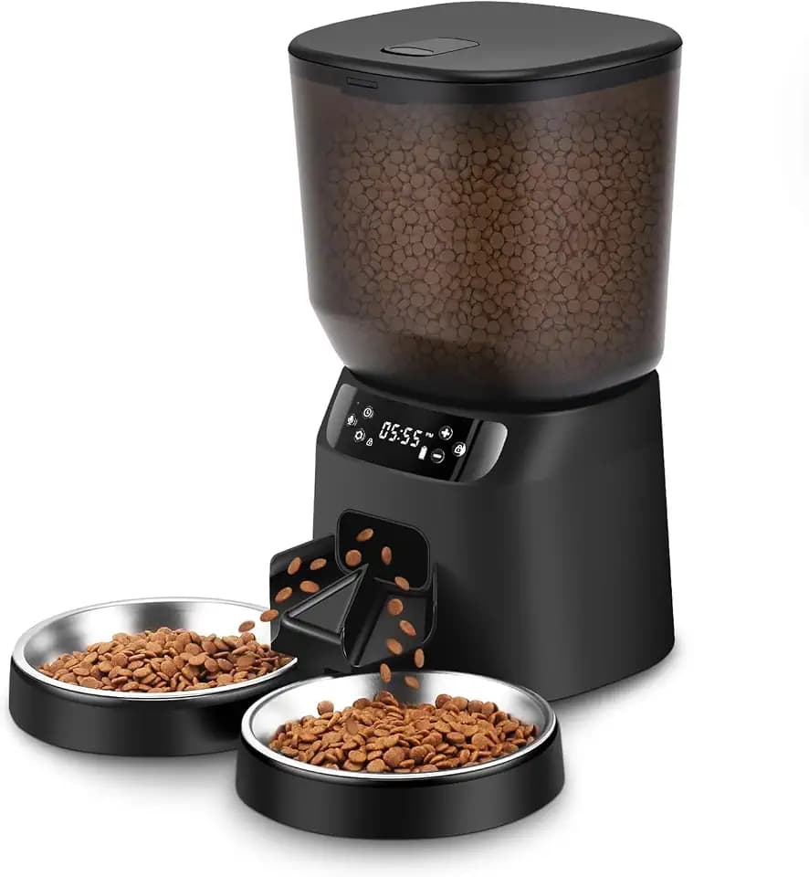 Futterautomat Katze 2 Näpfe 5L, Katzenfutter Automat mit Edelstahlschüssel und Voice Recorder Einfache Bedienung, Futterspender für Katzen/Hunde, für kleine/mittlere Haustiere