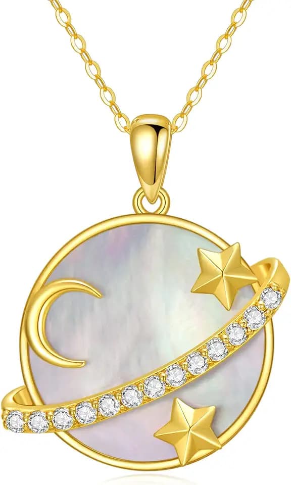 14K Gold Moon and Star Necklace for Women Solid Yellow Gold Wave Necklace Mother of Pearl Jewelry Birthday/Mothers Day Gifts for Wife Mom Friend Mom Her 16+1+1 inch