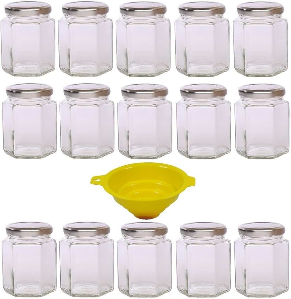 15 sechseckige Marmeladengläser für 196ml mit silbernem Deckel/für Konfitüren, Chutneys, Pasten, etc. - inkl. einem gelben Einfülltrichter
