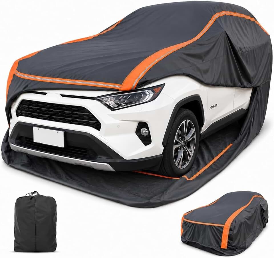 Full Enclosed SUV Car Cover,2-in-1 Cover Fit 180-190" for Toyota RAV4,Honda CR-V,Chevrolet Equinox,Hyundai Tucson,Ford Edge,XT5,Waterproof All Weather Heavy-Duty Zip Bottom UV & Tear Protection