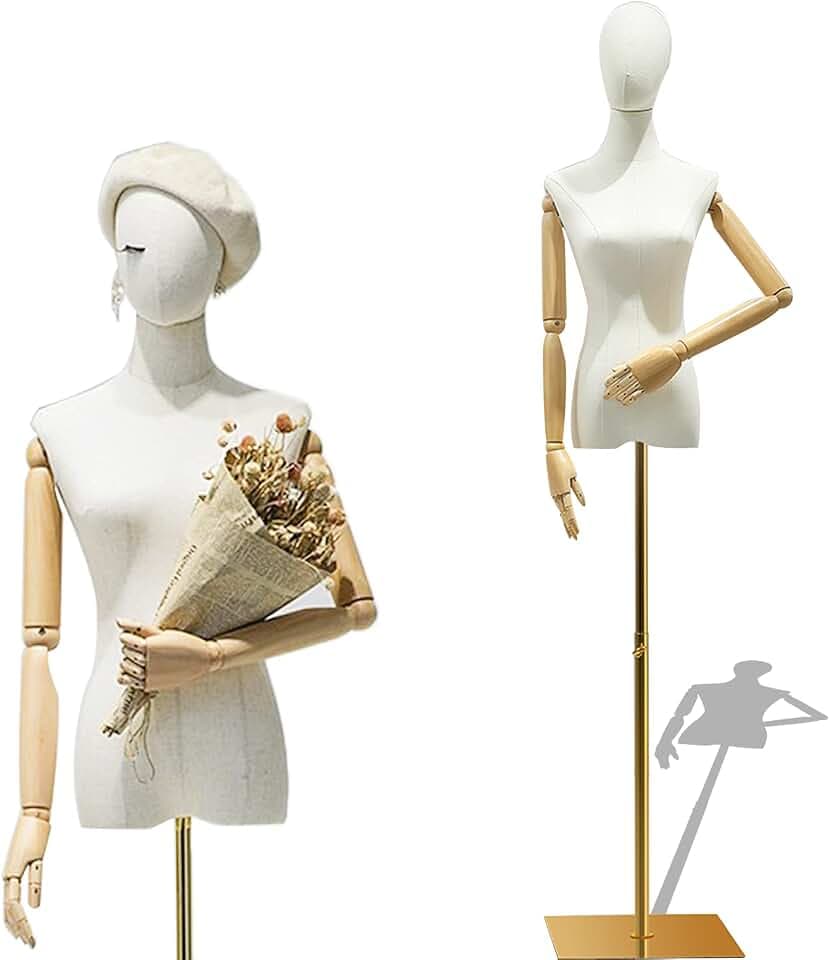 HIYOUGO Schaufensterpuppe, Weiblich Schneiderpuppe mit goldenem Sockel | Schneiderbüste mit Verstellbarer, Höhe Damenbüste, Mannequin Kleiderpuppe Torso, Weibliche Büste Kleid Ausstellungsstand