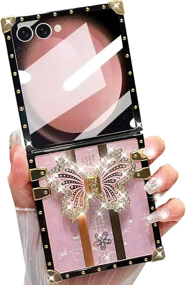 Changjia for Samsung Galaxy Z Flip 7 5G Glitter Kickstand Case, Cute Luxury Bling Sparkly Diamond Butterfly with Foldable Stand Elegant Shockproof Women Girls Protective Cover for Galaxy Z Flip 7,Pink