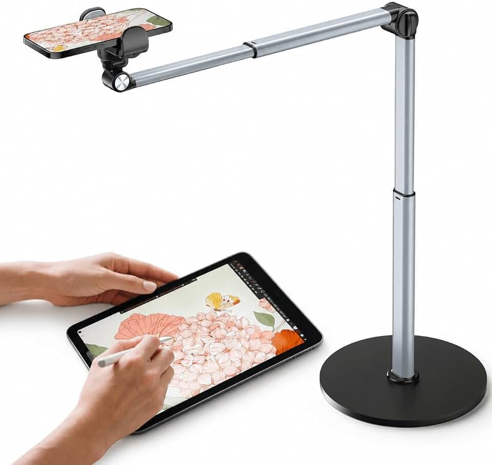 Mistriddle Schwerer Aluminium-Overhead-Handyständer – Verstellbares iPhone-Stativ für Overhead-Aufnahmen, Stabiler Halter zum Kochen, Basteln, Filmen und Malen – Ideal für Creator(Klemme)