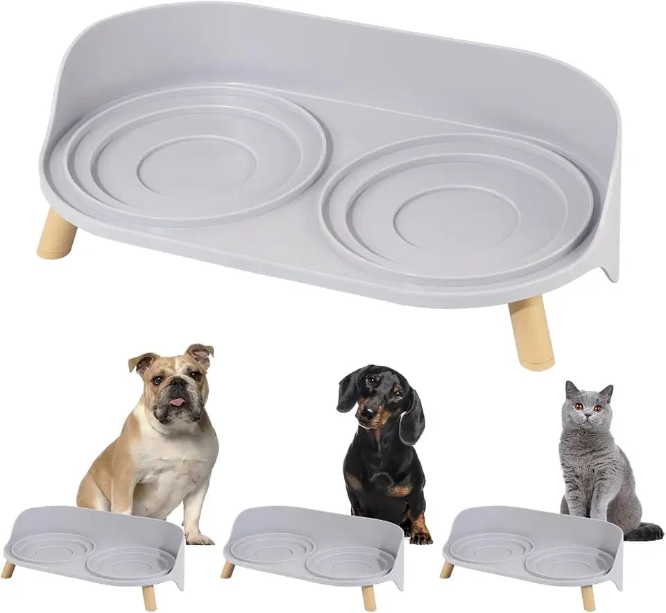 Erhöhter Ständer für Doppel-Katzennäpfe - Futterstation für Katzen und kleine, kurzbeinige Hunde - Grau (Napf Nicht enthalten)