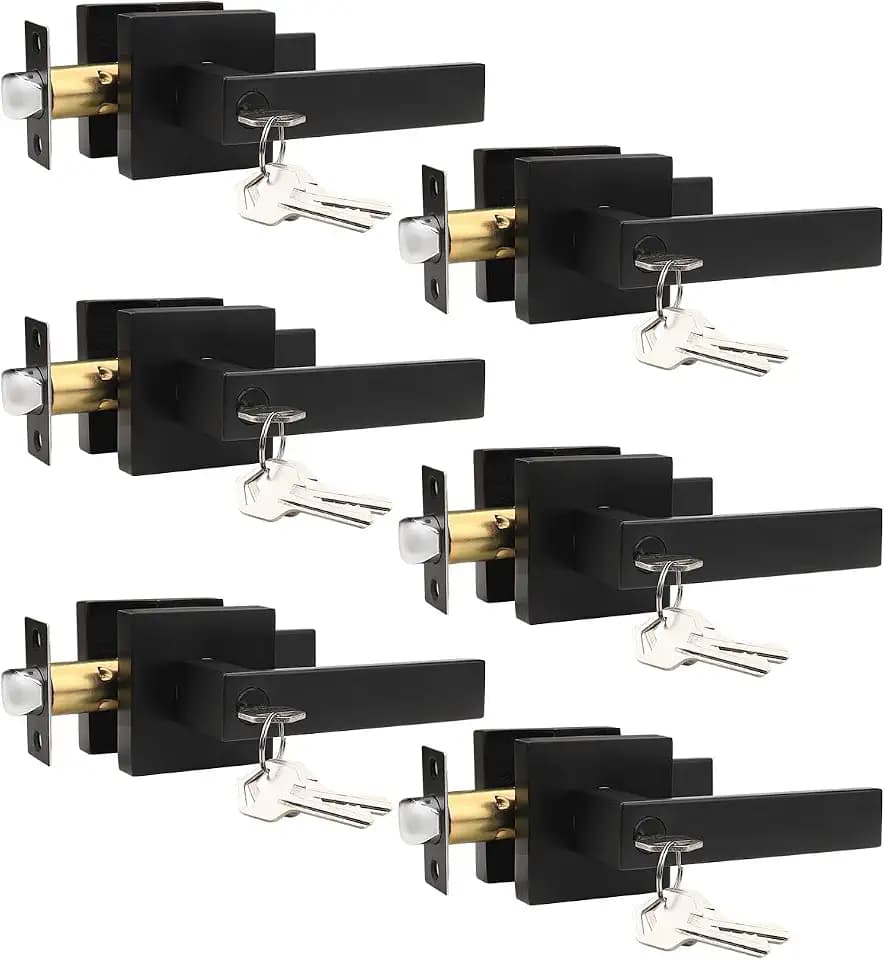 Entrance Door Lock with Keys 6 Pack, Matte Black Entry Door Handle with Lock, Keyed Alike Door Knobs for Bedroom Front Doors, Reversible Handle