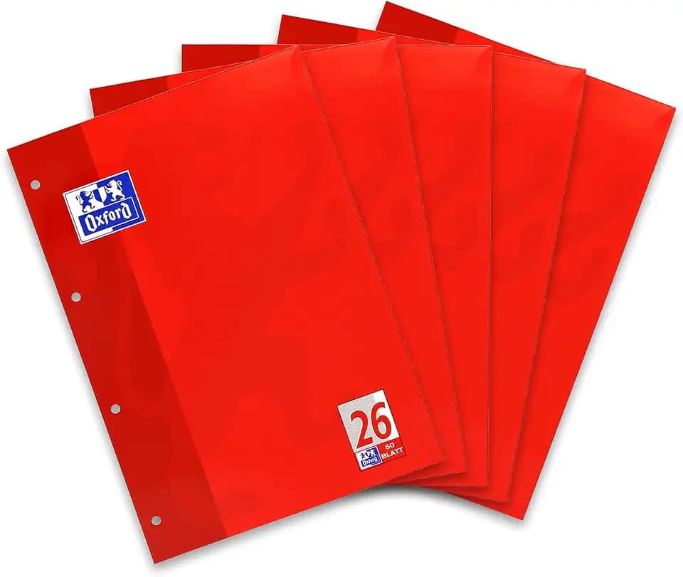 Oxford Schulblock A4 kariert Lineatur 26, 50 Blatt, gelocht, 5 Stück