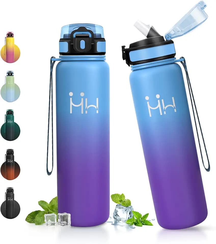 Trinkflasche Edelstahl 1L, Trinkflasche mit Strohhalm, Isolierflasche Doppelwandig, Auslaufsichere, Kohlensäure Geeignet, Wasserflasche für Outdoor, Büros, Camping