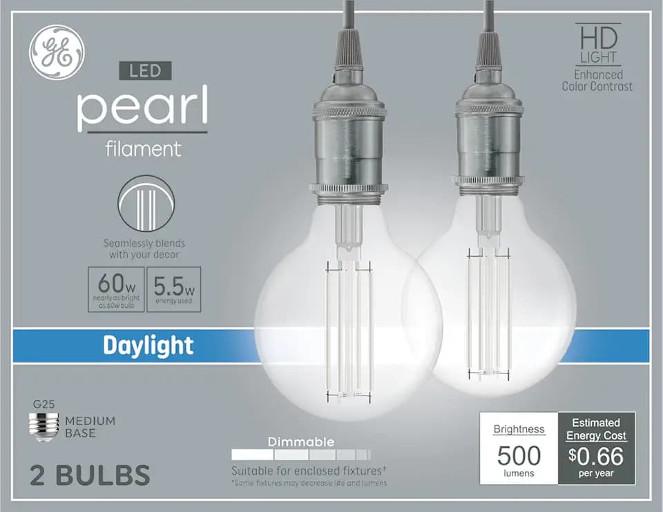 GE Pearl Filament LED G25 Globe Bulb, Daylight 60W Replacement, 2 Pack