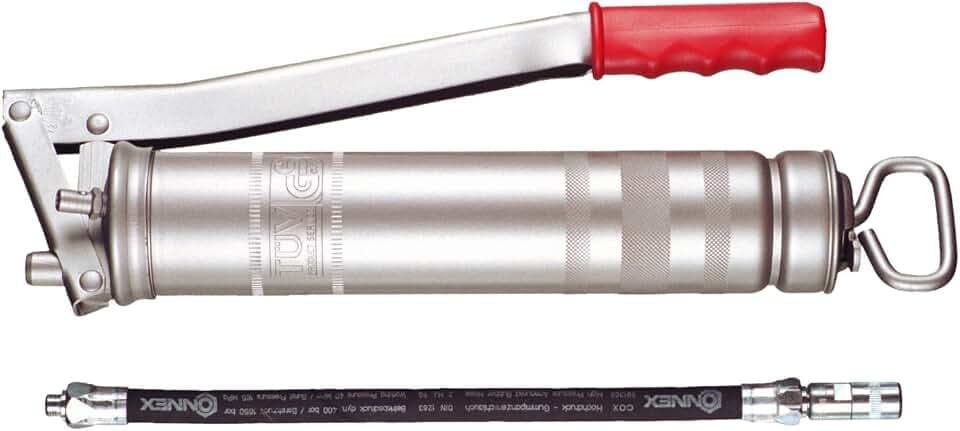Connex Handhebelfettpresse mit Hochdruckschlauch - chromfarbig/rot - ergonomischer Handgriff - Füll-/Entlüftungsnippe - stufenlose Kolbenstangenfixierung/Fettpresse/Fettspritze / COX591300