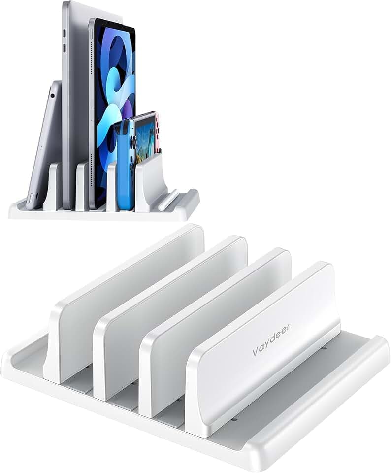 Vaydeer Vertikaler Laptop-Ständer mit 3 Schlitzen, aus hochwertigem ABS-Kunststoff, 5-in-1-Design, platzsparend, verstellbar, Schreibtisch-Organizer für alle MacBook/Chromebook/Oberflächen (weiß)
