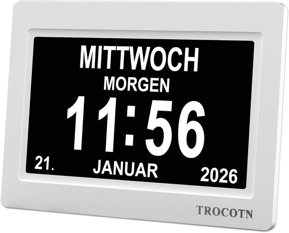 TROCOTN Demenz Uhr Senioren Digitale Uhr Tagesuhr Großes Display Wecker Wanduhr (Weiß, 7 Zoll)