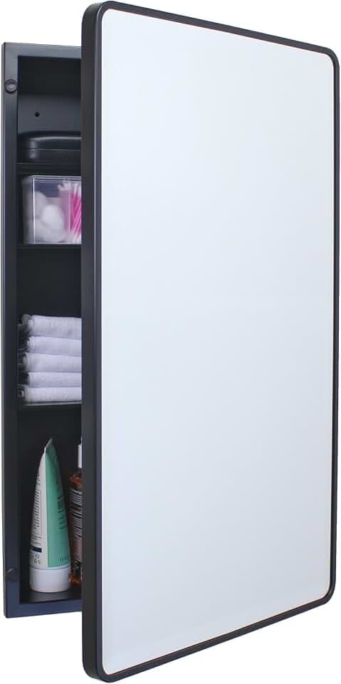 16x26 Austin Farmhouse Metal Framed Rounded Rectangle Recessed Bathroom Medicine Cabinet, Beveled Mirror, 14x24 in-Wall Opening, powder-coated Steel, Adjustable Glass Shelves, Magnet Close, Black