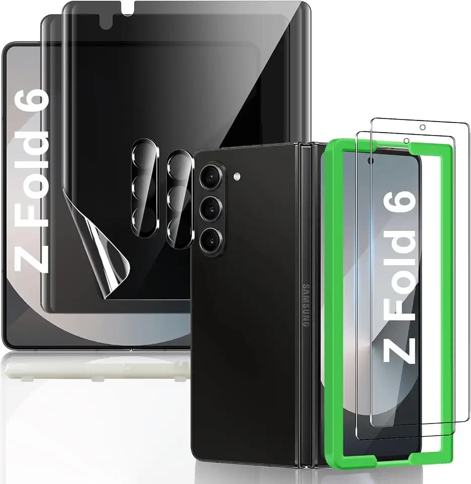 [2Set 6PCS] Screen Protector for Galaxy Z Fold 6, 2 Inner TPU Privacy Films + 2 Outer Tempered Glass + 2 Camera Lens Protecters with Positional Mouting Frame, No Creases, No Bubbles