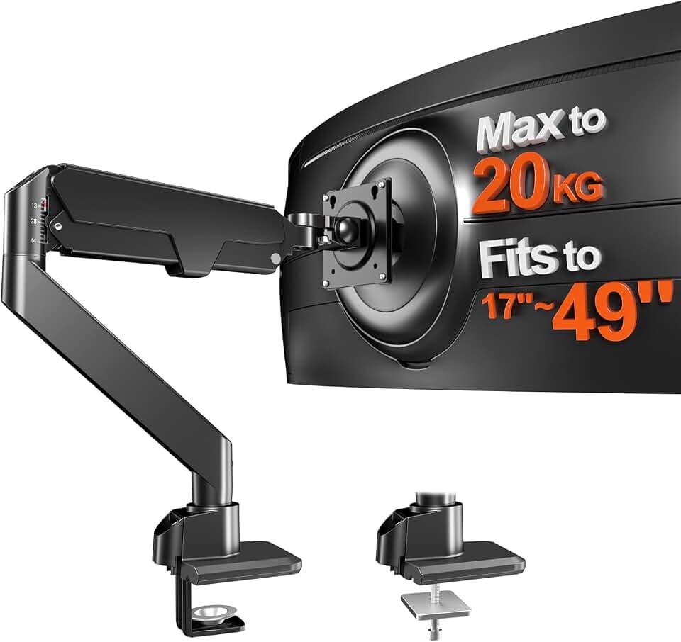 Monitor Halterung 17-49 Zoll für Flat/Curved Monitor, Premium Aluminium Bildschirmhalterung, Neigbar & Schwenkbar, VESA 75/100 mm, Max 20 KG, Ergonomischer Monitor Arm, Schwarz