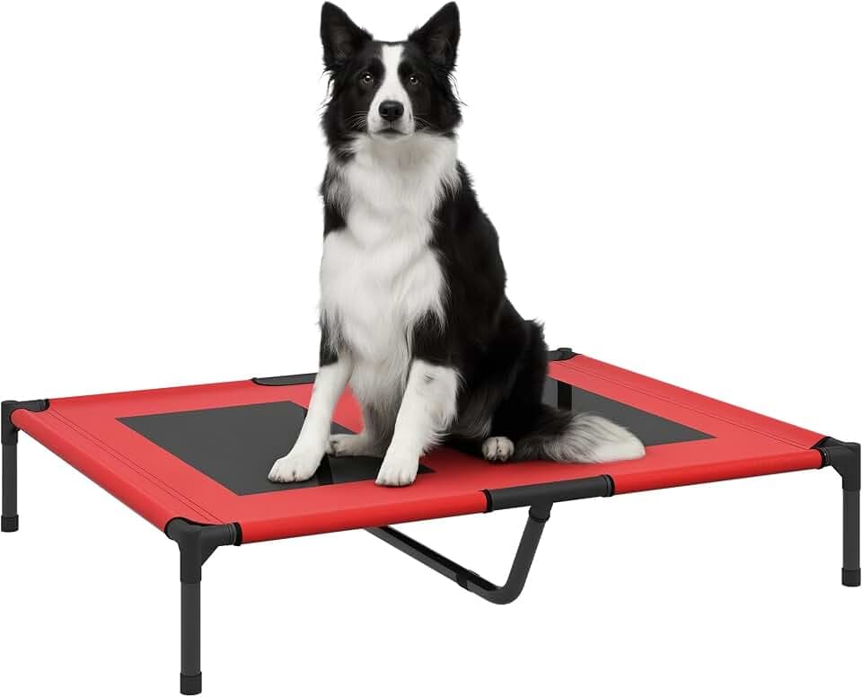 PawHut Bett auf Füßen, Bett für Hunde, Katzen, Camp, erhöht, Tiere, hoher Komfort, Oxford-Stoff, Textilene, mikroperforiert, Metall, 92 x 76 x 18 cm, Rot