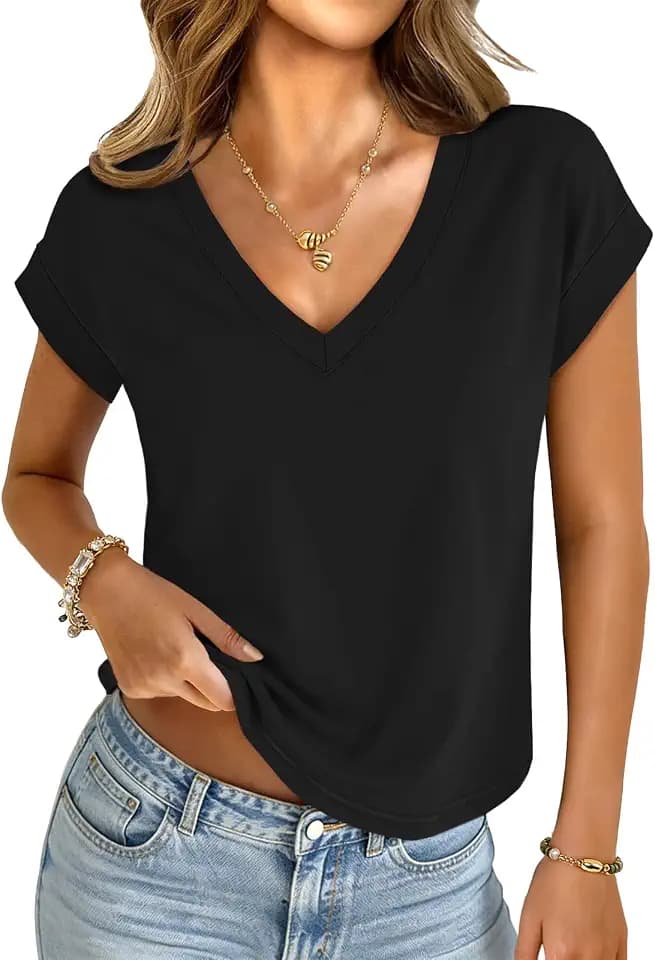 UNCLECAT Womens Crop Tops V Neck Short Sleeve T Shirts Summer Basic Tee