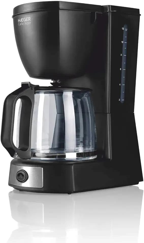 HAEGER CAFÉ Noir - Tropfen-Kaffeemaschine, Kapazität 12 Tassen, 680 W Leistung, beheizte Platte zum Warmhalten, Wasserstandanzeige, Tropfschutzsystem, Glaskanne mit Gelenkdeckel