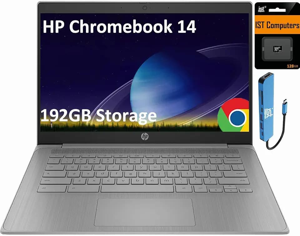 HP Chromebook 14 Laptop (14" Anti-Glare, Intel Celeron N4500, 4GB RAM, 64GB eMMC + 128GB SD Card) for Home & Students, Lightweight, Fast Charge, 10-Hr Battery Life, IST HUB, Wi-Fi 6, Chrome OS, Grey
