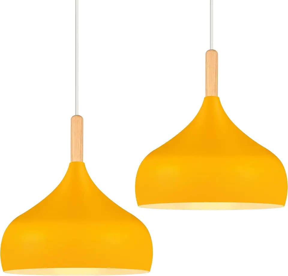iDEGU Hängelampe Retro 24cm Hängeleuchte Moderne Skandinavisch E27 Deckenleuchte aus Metall Holz Pendelleuchte für Schlafzimmer Esszimmer Küche Wohnzimmer (Orangegelb, 2 Stücke)