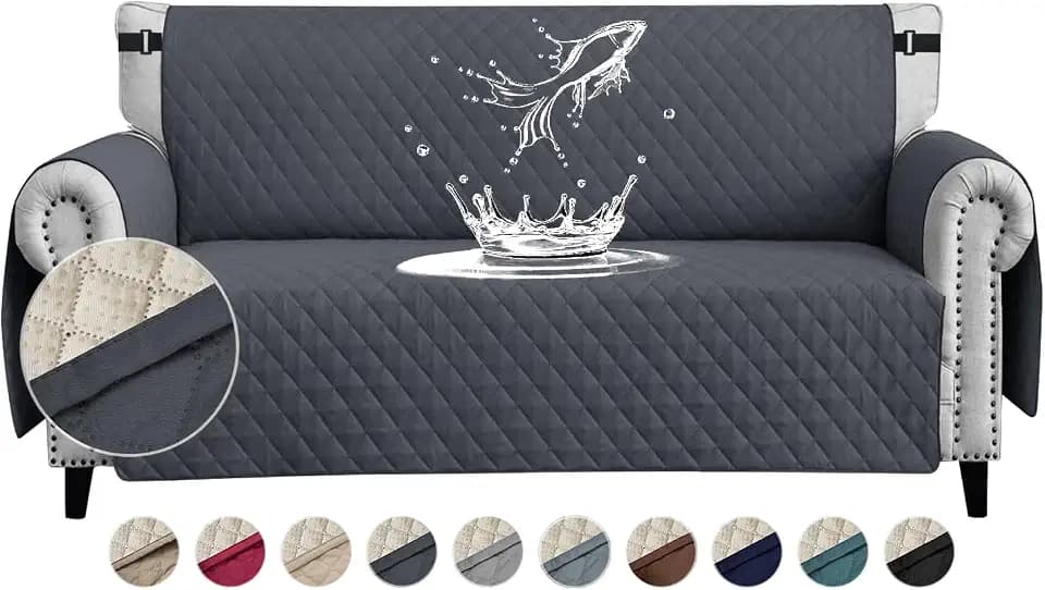 FIGOOO wasserdichte Sofabezug 2 Sitzer Dicke Sofaschoner Wasserdicht Gesteppte Sofa Überzug mit Seitentaschen Sofaüberwurf rutschfest Kratzfest für Haustiere Hunde Katzen,Dunkelgrau