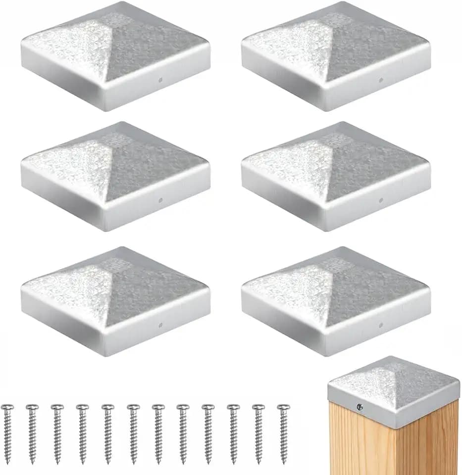 6 Stück Pfostenkappe, 7x7cm Zaunpfosten Kappen, Pyramidenform | Zaunpfosten Kappen für Holzpfosten Verzinkte Pfostenabdeckung aus Metall mit Schrauben für Holzpfosten Terrassenpfeiler