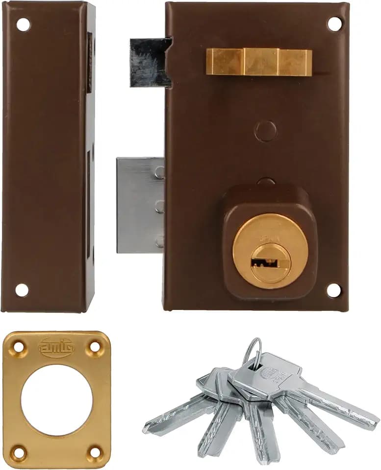 Amig - Aufschraubschloss DIN links mit Schließhebel, Falle und Ziehgriff für Holztüren Mod. 75-67 x 112 mm - Riegel mit rundem Sicherheitszylinder - Stahl braun