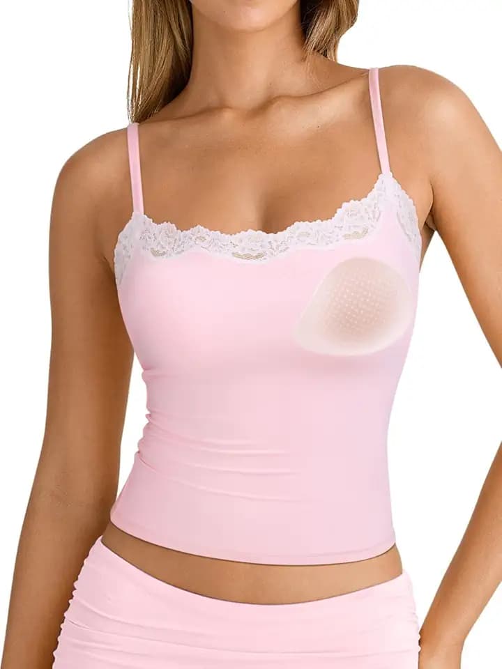 SUUKSESS Women Double Lined Lace Cami Tank Top Summer Padded Going Out Tops Basic Shirts