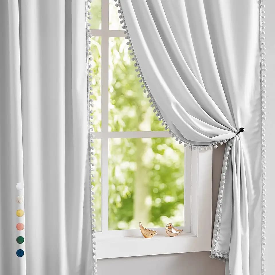 Pom Pom Grey Velvet Curtains for Living Room 63" Soft Nursery Window Panels