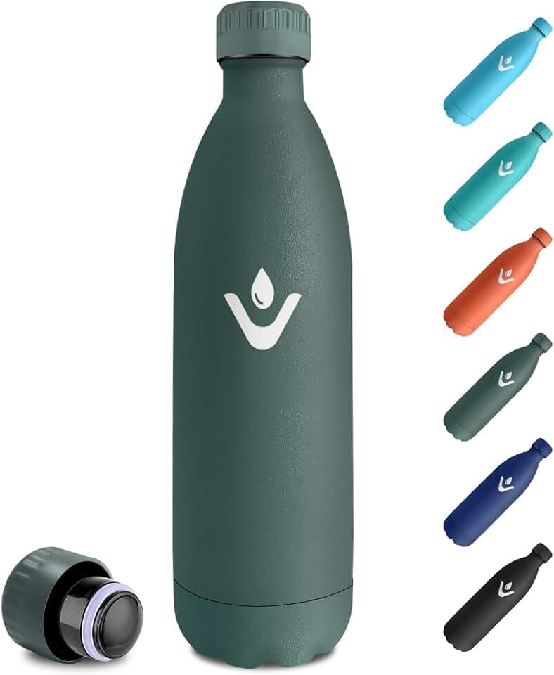 Edelstahl Trinkflasche 1L, Thermo Wasserflasche BPA-frei, Vakuum Isolierflasche Auslaufsicher, Trinkflasche Kohlensäure, Thermosflasche für Sport, Büro, Schule, Reisen, Fitness, Wandern, Radfahren