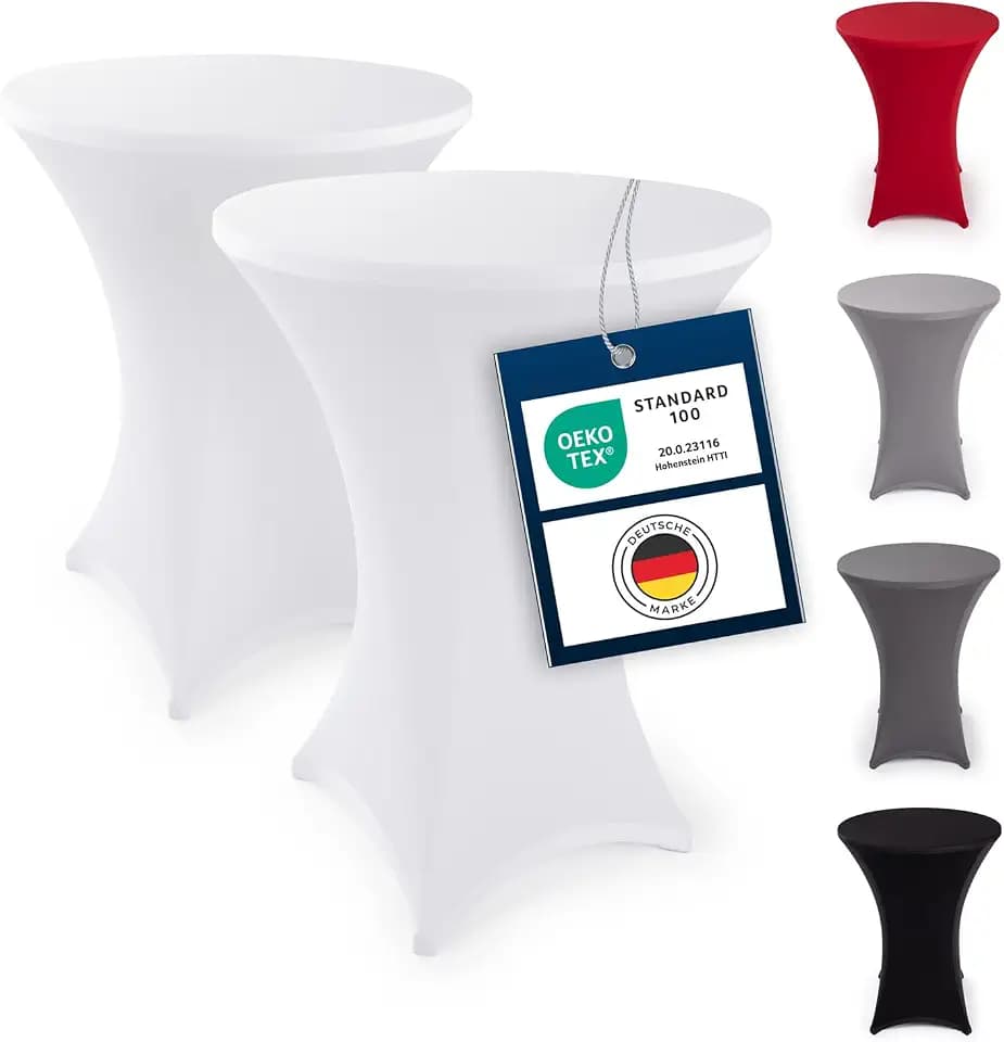 Blumtal 2er Set Stretch Stehtisch Hussen Bügelfrei - Oeko -TEX zertifizierte Tischhussen für Stehtische Ø 80 – 85 cm - Verstärkung im Fußbereich - waschmaschinengeeignet - Weiß