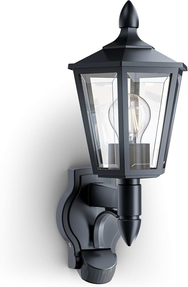 Steinel Außenleuchte L 16 S Schwarz mit Bewegungsmelder – Wandleuchte für Außen, 180° PIR-Sensor bis 10 m, Dämmerungsschalter, IP44 wetterfest, E27-Fassung, Außenbeleuchtung für Haus und Terrasse