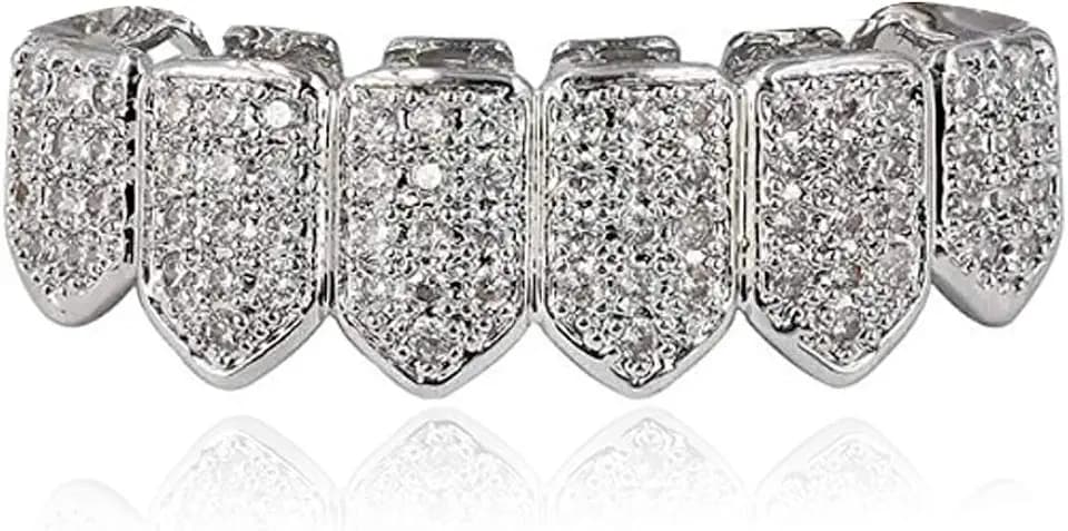 JINAO Grillz Diamond Grills for Your Teeth for Men Women 18K Gold Plated Iced Out Macro Pave Cubic Zirconia Mouth Grill with Extra Molding Bars Included