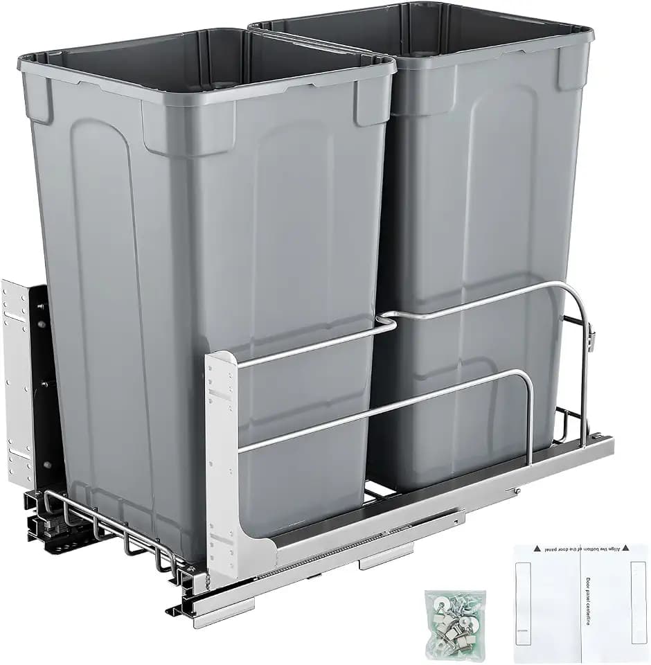 VEVOR ausziehbarer Mülleimer (27 Qt x 2), doppelter Unterbau-Küchenabfallbehälter, Mülleimer mit Türsatz & Soft-Close-Schieberegler, für Küchenschrank Spüle unter der Theke (grau)