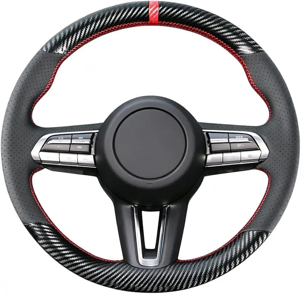 DIY Carbon Fiber Steering Wheel Cover for Mazda CX-30 SUV 2020-2026 / Mazda 3 2019-2026 15 inch Leather Stitching Interior Accessories