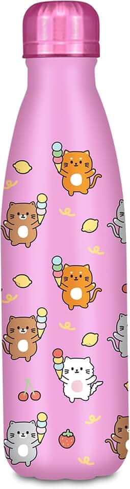 Trinkflasche, Thermosflasche, Wasserflasche, Thermosflasche aus Edelstahl, BPA-frei, 500 ml, Silikondeckel, Kinder, Jungen, Mädchen, Geschenkidee, rosa mit Katzen