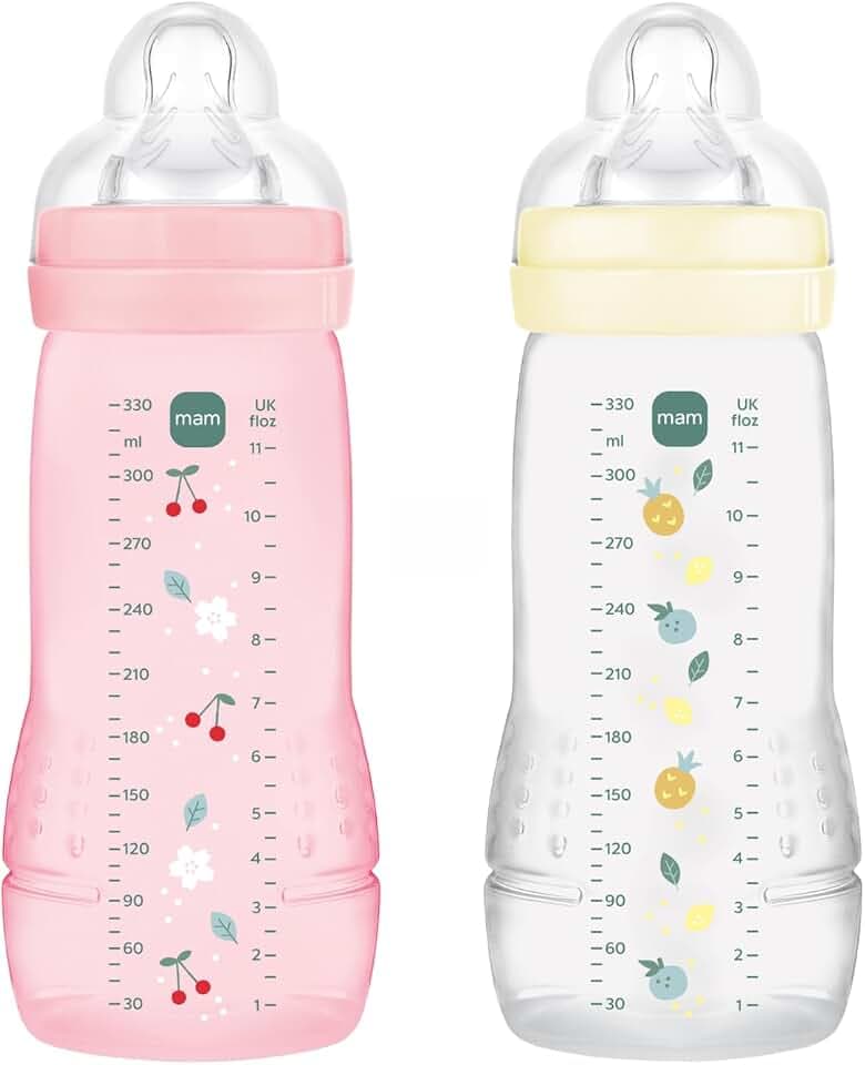 MAM Easy Active 6+ Monate, Farbe Beere + Perle (2 x 330 ml) – mit Silikonsauger, ultraschneller X-Geschwindigkeit, für Babys mit luftdichtem Verschluss