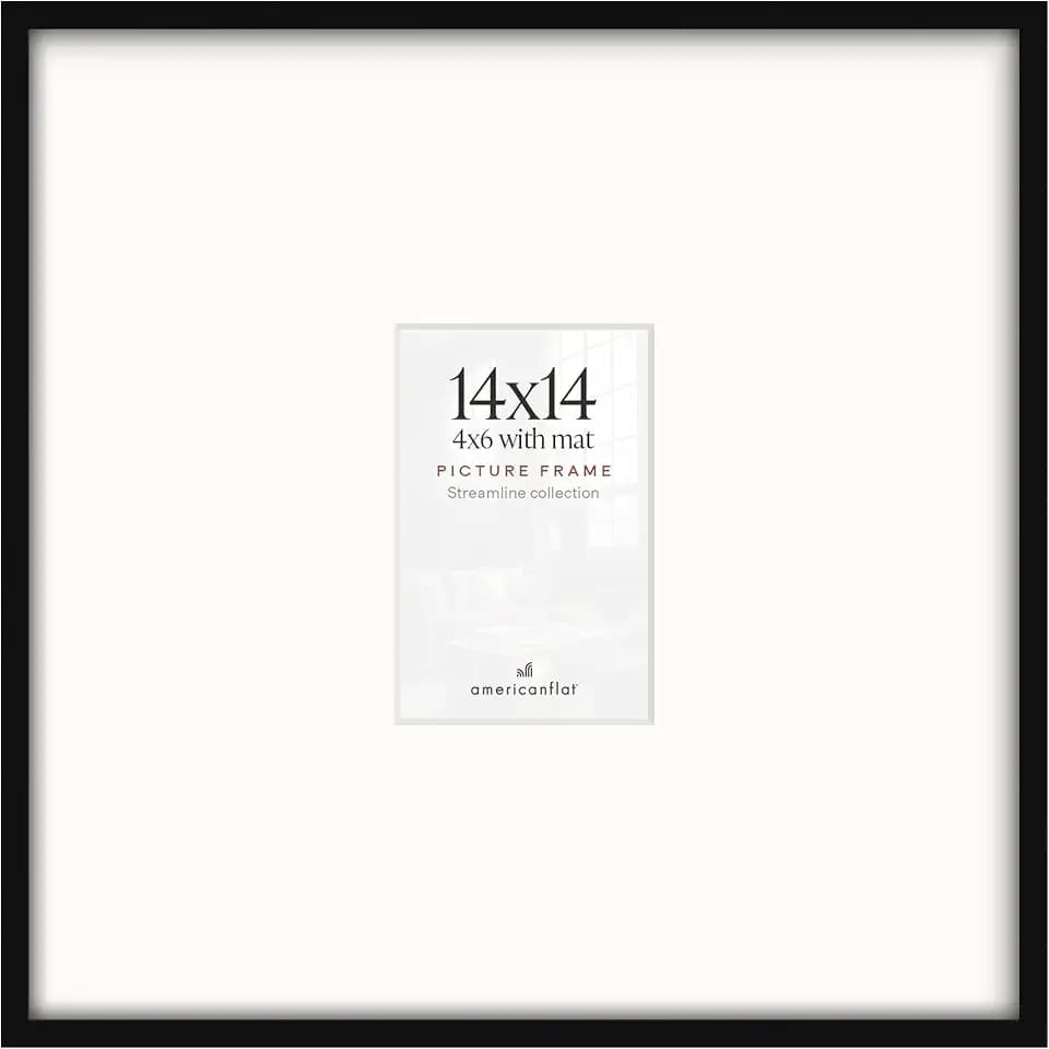 Americanflat 14x14 Picture Frame - Matted to 4x6 - Slim Molding - Black