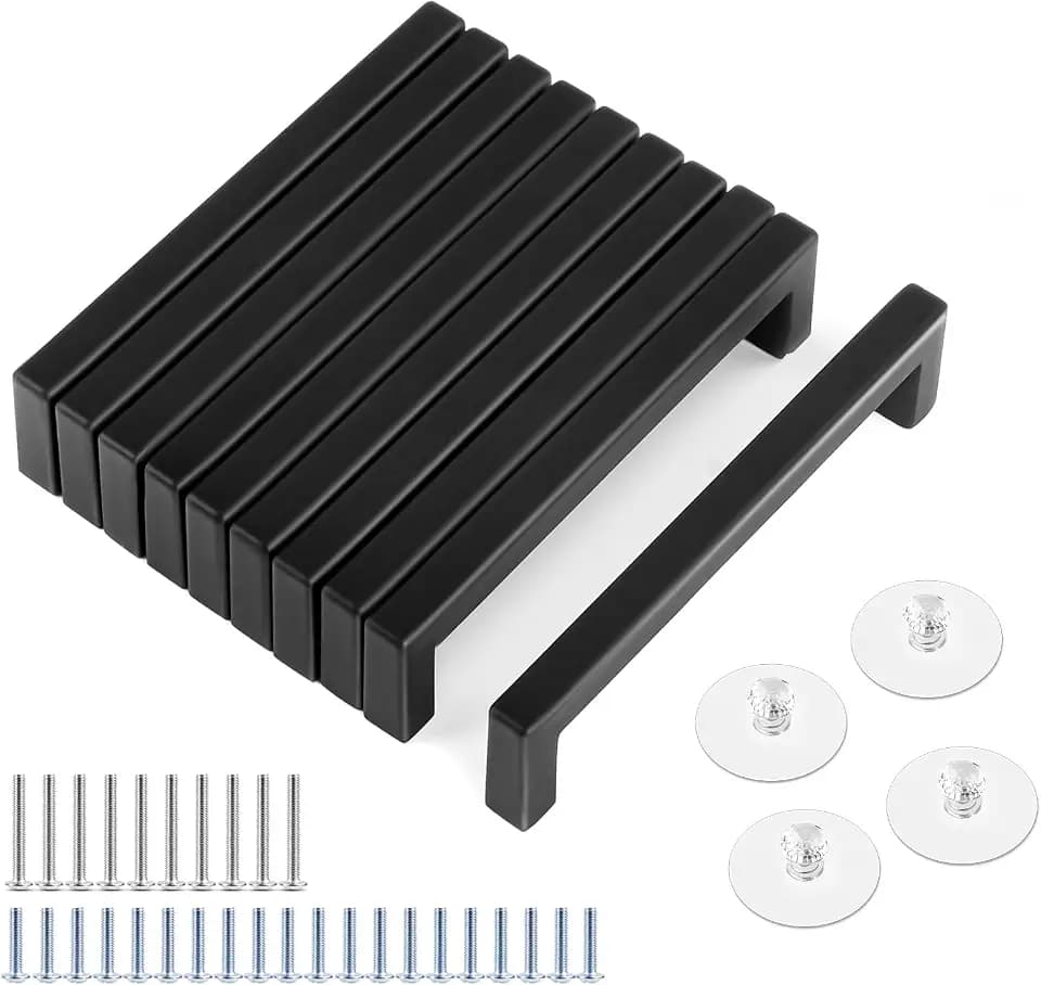 Tufa 10 Stück Möbelgriffe Schwarz, Griffe für Küchenschränke 96mm Lochabstand, Edelstahl Schubladengriffe mit 30 Schrauben und 4 Selbstklebende Griffe, Quadrat Türgriffe Küche für Möbel, Küche