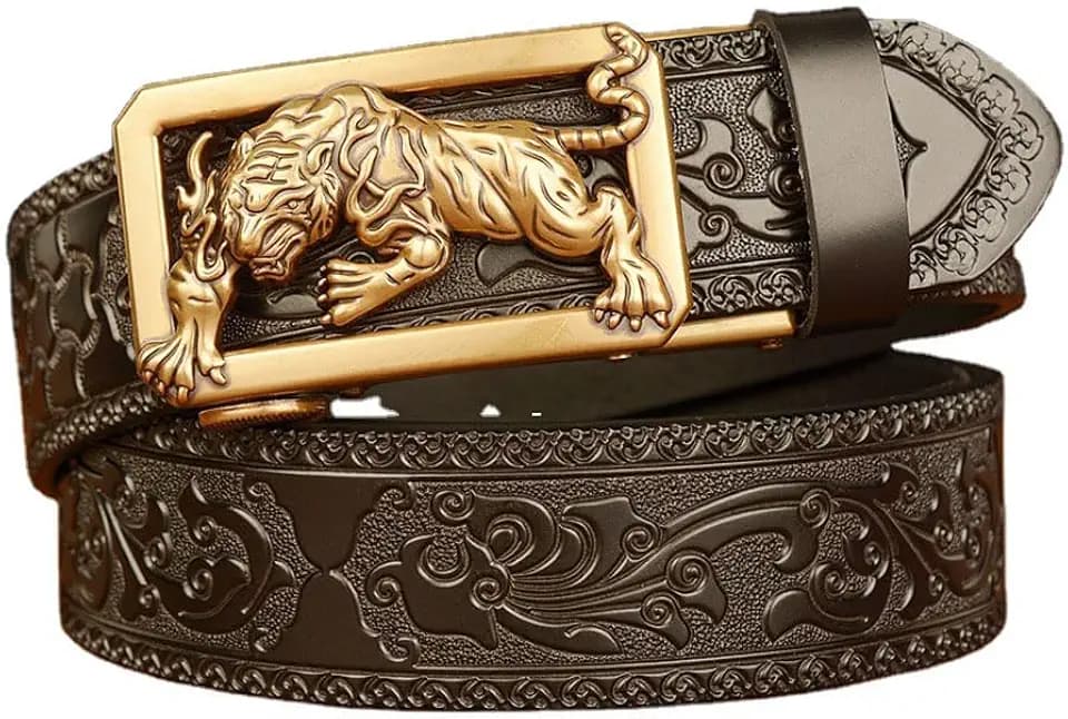 Men's Leather Ratchet Belt Retro Buckle Casual Business Belt for Jeans 49" Adjustable Trim to Fit