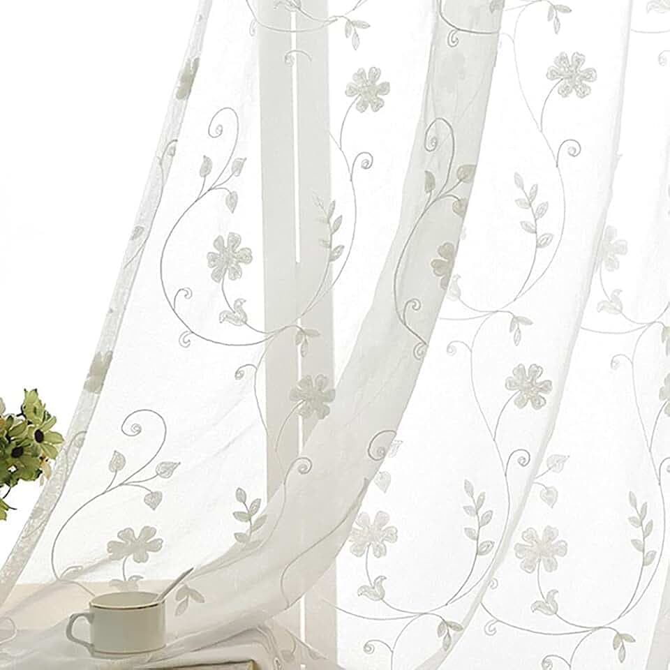 SLOW SOUL 2er Set Weiß Gestickte Blumen Gardinen Für Schlafzimmer Wohn-Esszimmer Landhaus Gardinen Vorhang Mit Stabtasche 132 x 160 cm (B x H)