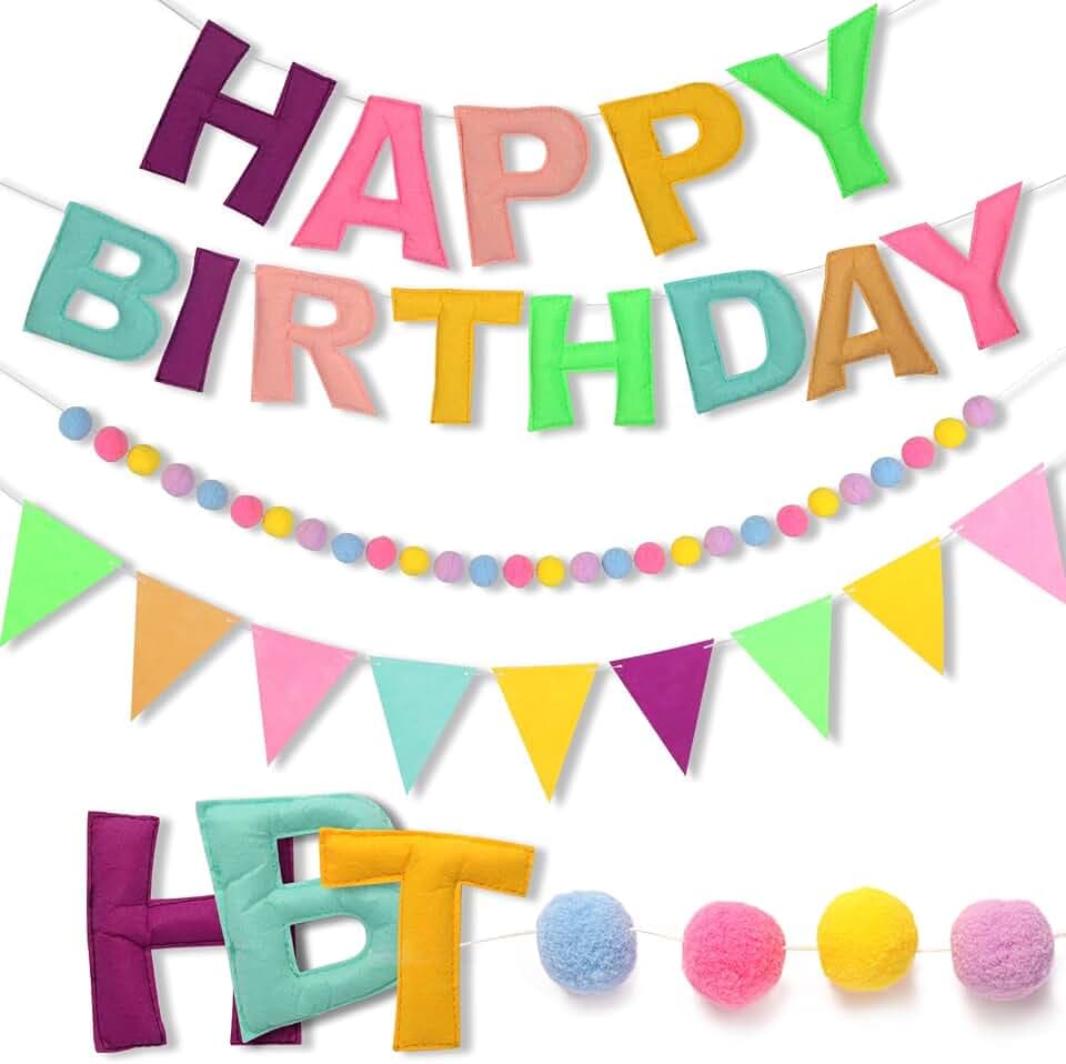 Pre-Strung Happy Birthday Banner - Felt Ball Garland Happy Birthday Pennant, Multicolor Bunting String Triangle (Macaron)